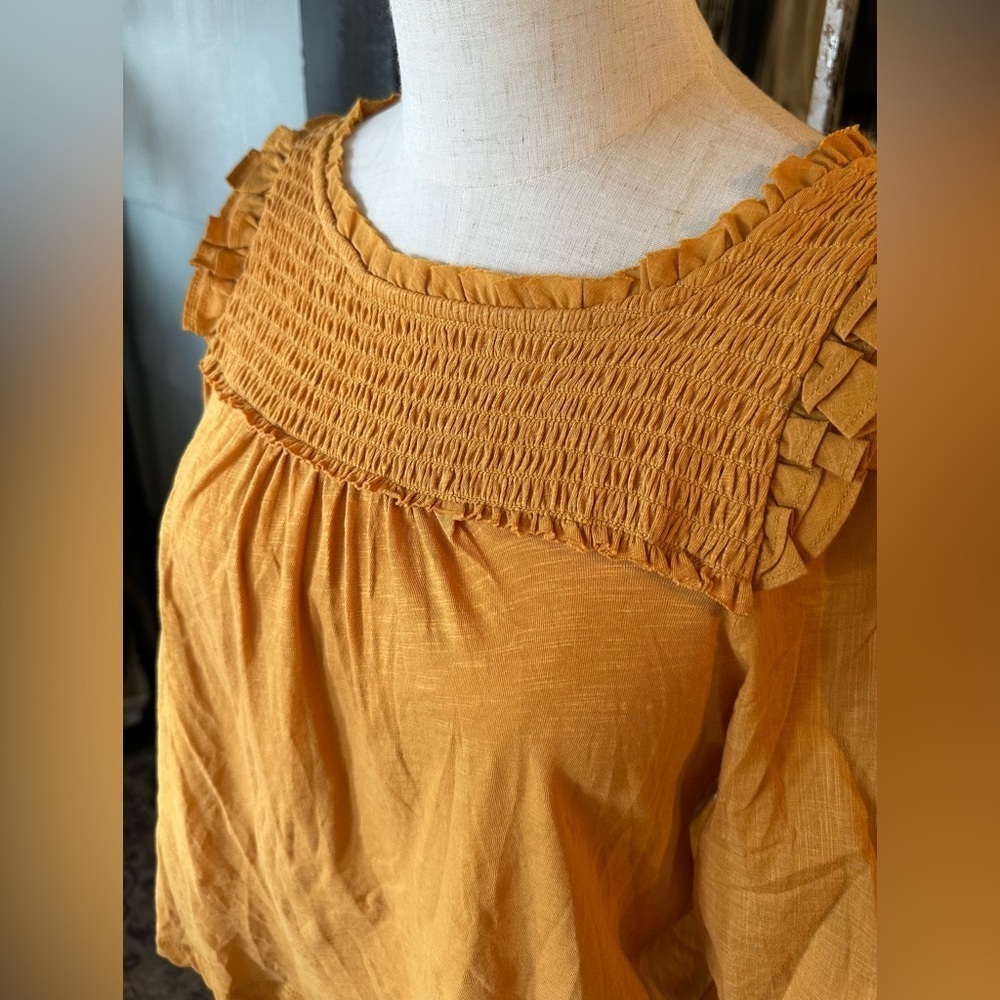 Anthropologie Smocked Puff Sleeve Peasant Knit Ruffle Top XS Goldenrod - Picture 3 of 9